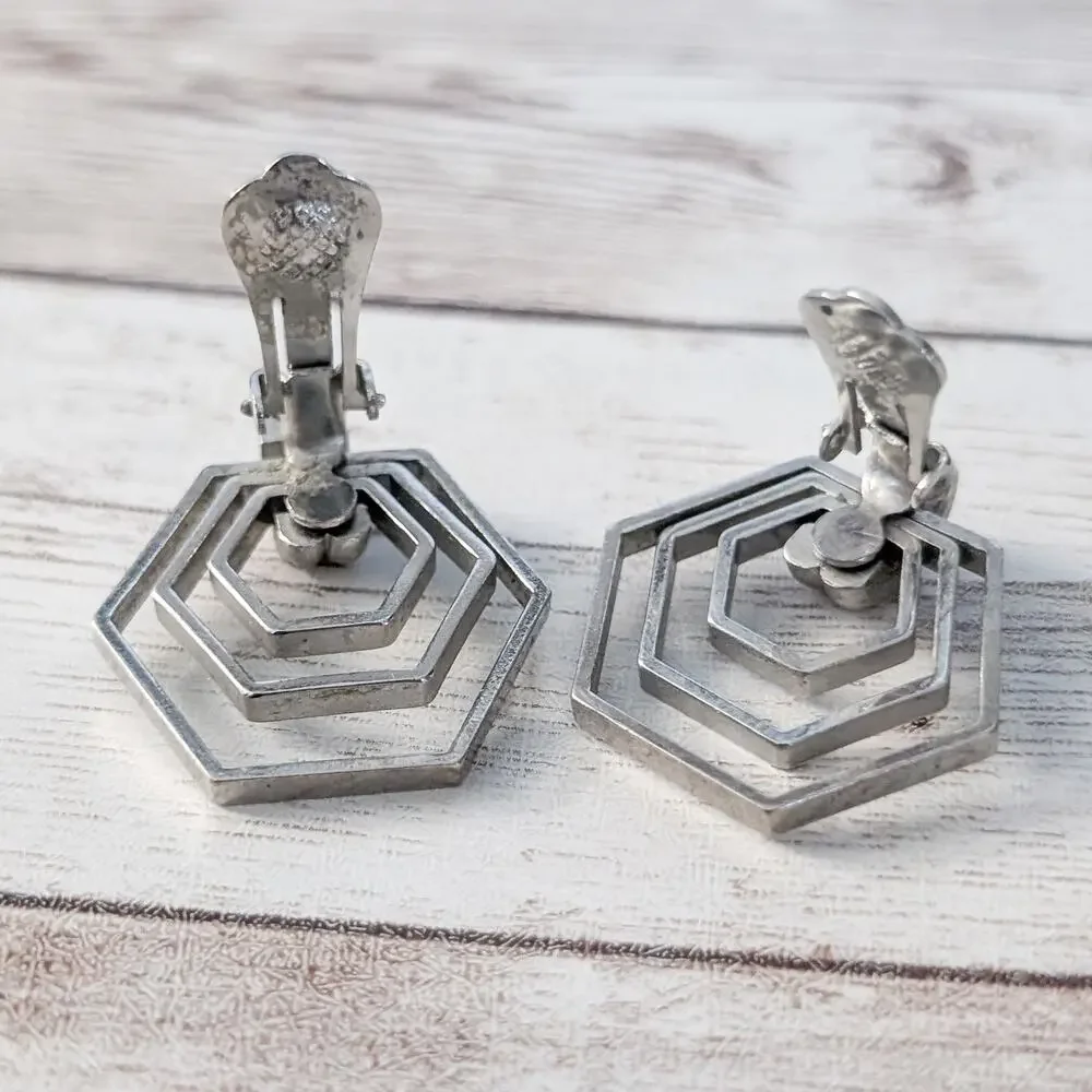 Vintage Clip On Earrings Silver Tone Geometric Large Statement - Picture 5 of 5